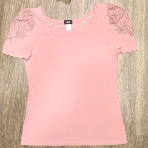 Pink Short Lace Puff Sleeve Top Crew Neck-M